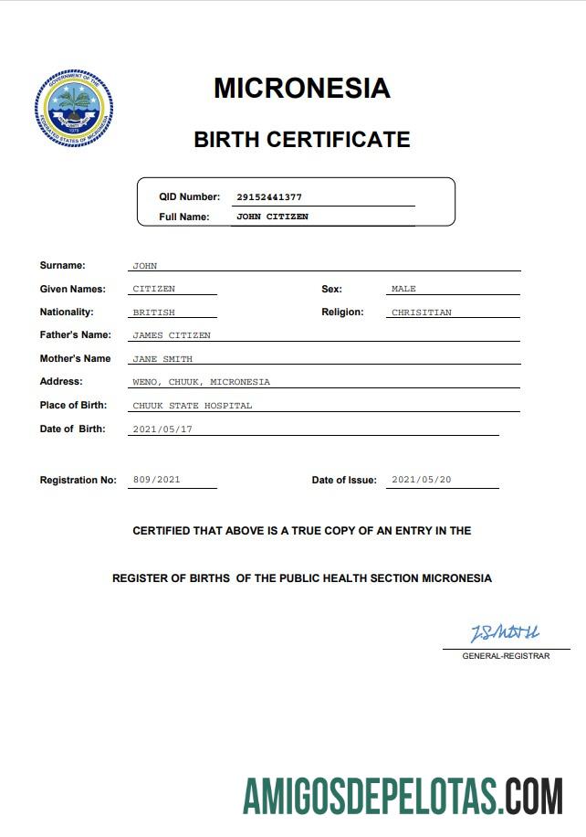 Imprimível modelo Word e PDF de certidão de nascimento de registro vital da Micronésia